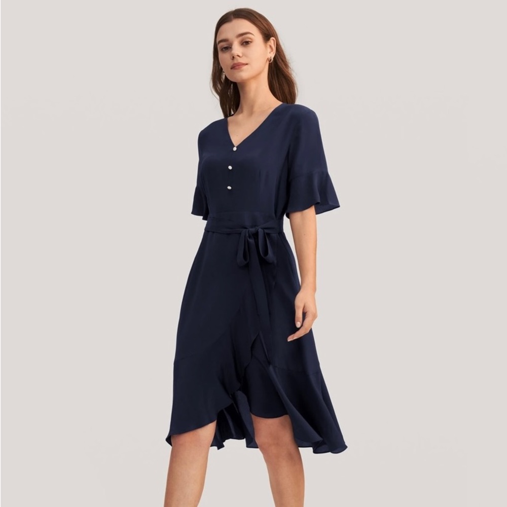 Lilysilk blue silk short sleeve v neck dress SZ L